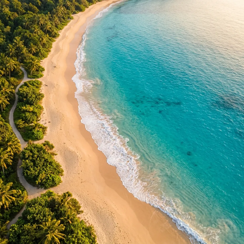 Drone view of beach with turquoise water